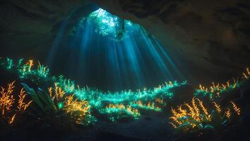 Cave Entrance with Light Rays and Glowing Plants photo