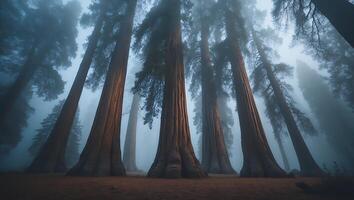Giant Sequoia Trees in Misty Forest Landscape photo