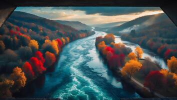 River Flows Through Autumn Forest Landscape Aerial View photo