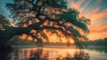 Tree Over Water at Sunset Landscape photo