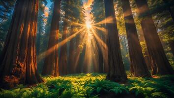 Sunlight Shining Through Redwood Forest with Green Ferns photo