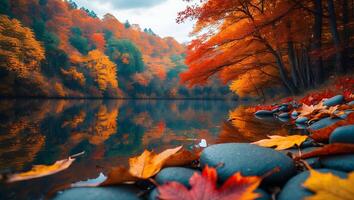 Autumn Landscape with Lake, Trees and Colorful Foliage photo