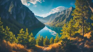Mountain Lake Landscape Reflection with Blue Sky and Pine Trees photo