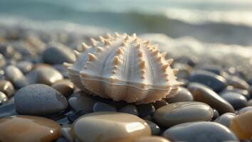 Sea Urchin on Pebble Beach Near Ocean Water photo