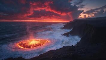 Ocean Volcano Eruption with Waves at Sunset photo