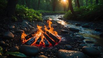 Campfire by River in Forest with Sun Shining Through Trees photo