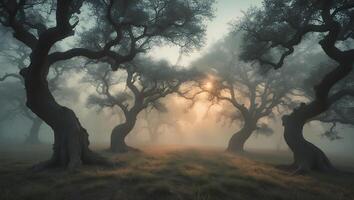 Trees in Fog with Sun Shining Through photo