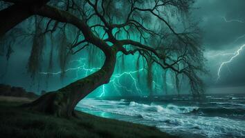 Tree at Coast with Lightning Storm Landscape photo