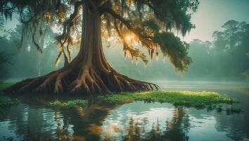 Swamp Tree in Water with Moss and Forest photo