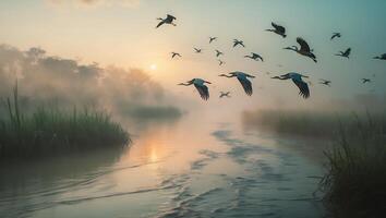 Birds Flying Over River at Sunrise photo