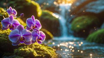 Purple Orchid Near Waterfall with Mossy Rocks photo