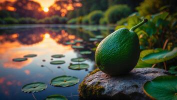 Avocado on a Rock by Lake at Sunset photo
