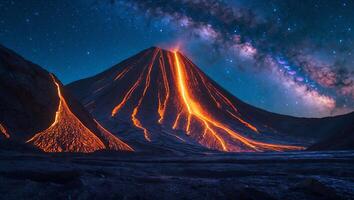 Volcano Eruption Under Starry Night Sky Landscape photo