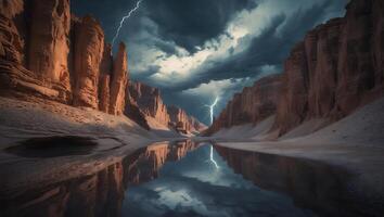 Canyon with Lightning Reflecting on Still Water Surface photo
