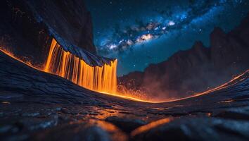 Fiery Waterfall Under Starry Night Landscape View photo