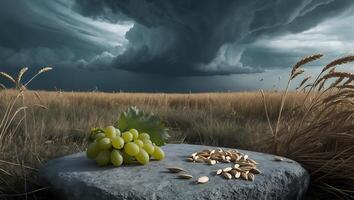 Grapes and Seeds on Stone Slab with Wheat Field and Storm Cloud photo