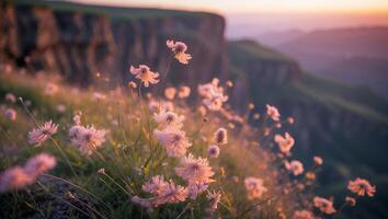 Wildflowers on Mountain Cliff Edge at Sunset photo