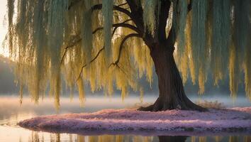 Willow Tree Over Water with Flowers photo