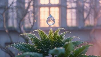 Fern with Water Droplet and Window Reflection photo