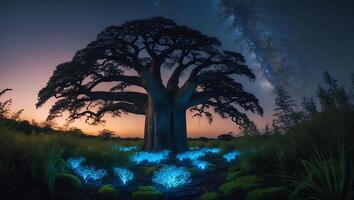 Baobab Tree Under Night Sky with Glowing Plants photo