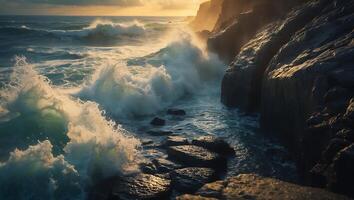 A large wave crashing against the rocks at sunset photo