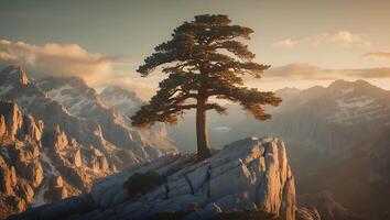 Tree on Mountain Peak at Sunset photo