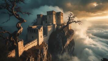 Castle on Cliff Above Clouds Scenic Landscape photo
