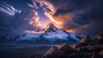 Snow Capped Mountain and Cloudy Sky at Sunset photo