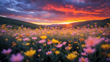 Flower Field Sunset Hill Landscape Orange Sky Cloud photo