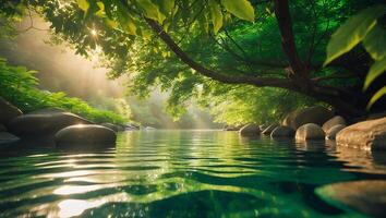 River Flows Through Vibrant Green Forest with Sun Rays photo