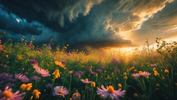 Flower Field with Cloudy Sky and Golden Sunset photo