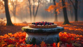 Berry Tart with Almond in Autumn Park Landscape photo
