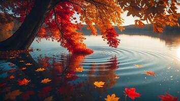 Autumn Tree and Leaves Over Lake Water with Ripples photo