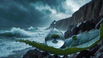 Water Drop on Leaf Reflecting Tree, Ocean and Sky photo
