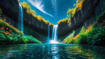 Waterfall in Nature Landscape, Scenic View of Blue Sky, Water photo