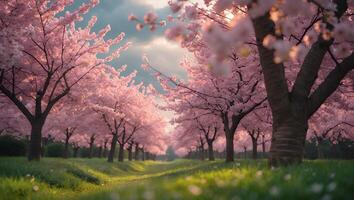 Cherry Blossom Tree Lined Path in Spring photo