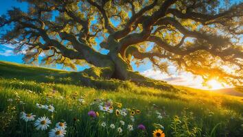 Large Tree in Field with Flowers Under Blue Sky and Sunlight photo