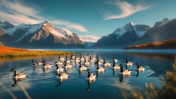 Geese on Lake Surrounded by Snowy Mountains photo