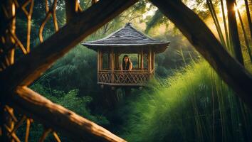 Woman in Wooden Pagoda Structure in Peaceful Forest photo