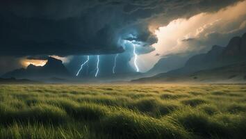 Dramatic Lightning Storm Over Green Field Landscape photo