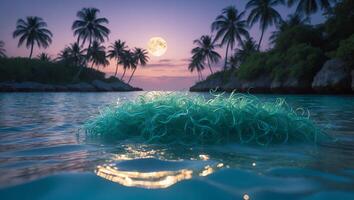 Marine Debris in Ocean with Palm Trees and Moon photo