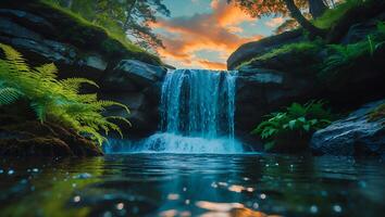 Waterfall at Sunset Flows Into Clear Water photo