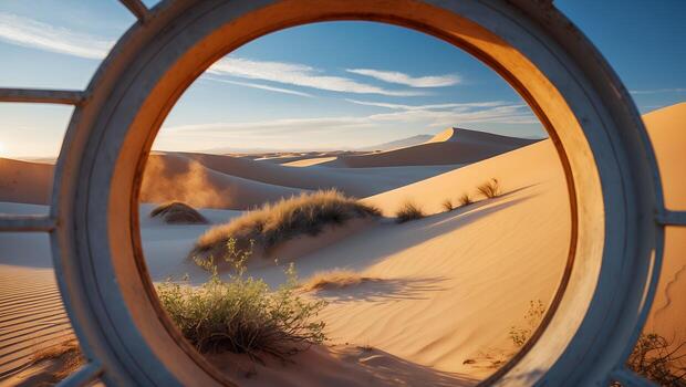 Sand Dunes Seen Through Round Window on Sunny Day photo