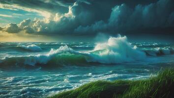 Stormy Ocean Waves Under Cloudy Sky with Green Grass Foreground photo