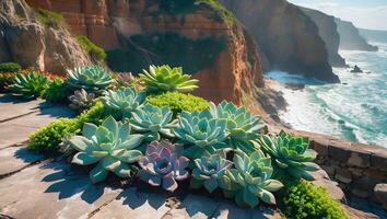 Succulents on Cliff Overlooking Ocean View photo