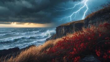 Lightning Strikes Ocean Cliffs at Stormy Sea photo