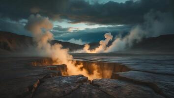 Geothermal Area with Steam Vents and Cracked Earth photo
