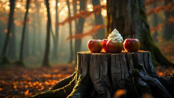Apples with Cream on a Tree Stump in Autumn Forest photo