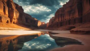 Canyon Landscape with Reflection Under Cloudy Sky photo