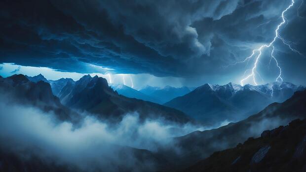 Lightning Storm Over Mountain Range Landscape photo